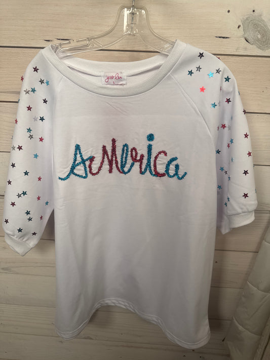WHITE AMERICA TINSEL SCRIPT & STAR SEQUIN TEE