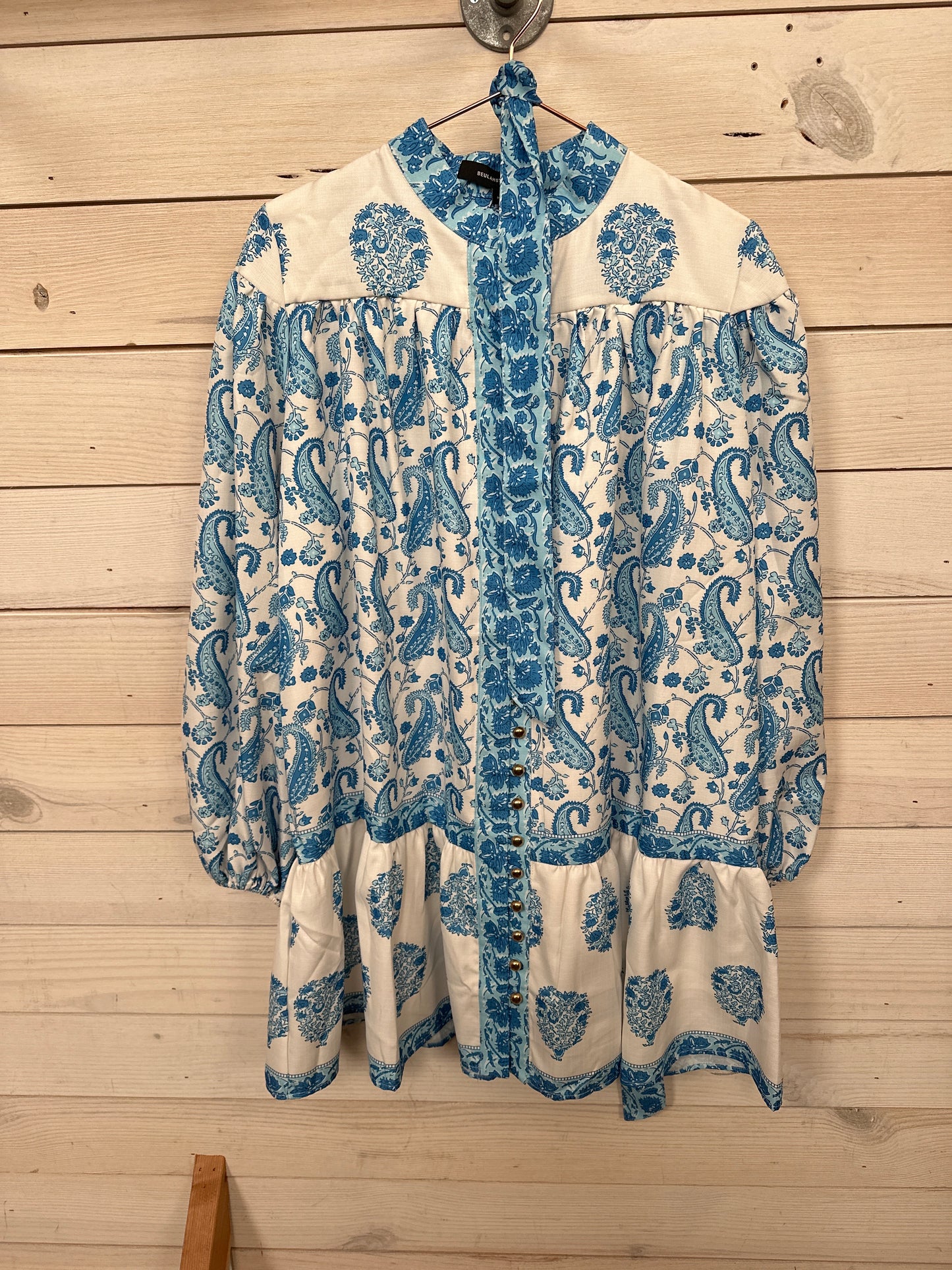 BLUE FLORAL LONG SLV BUTTON UP DRESS