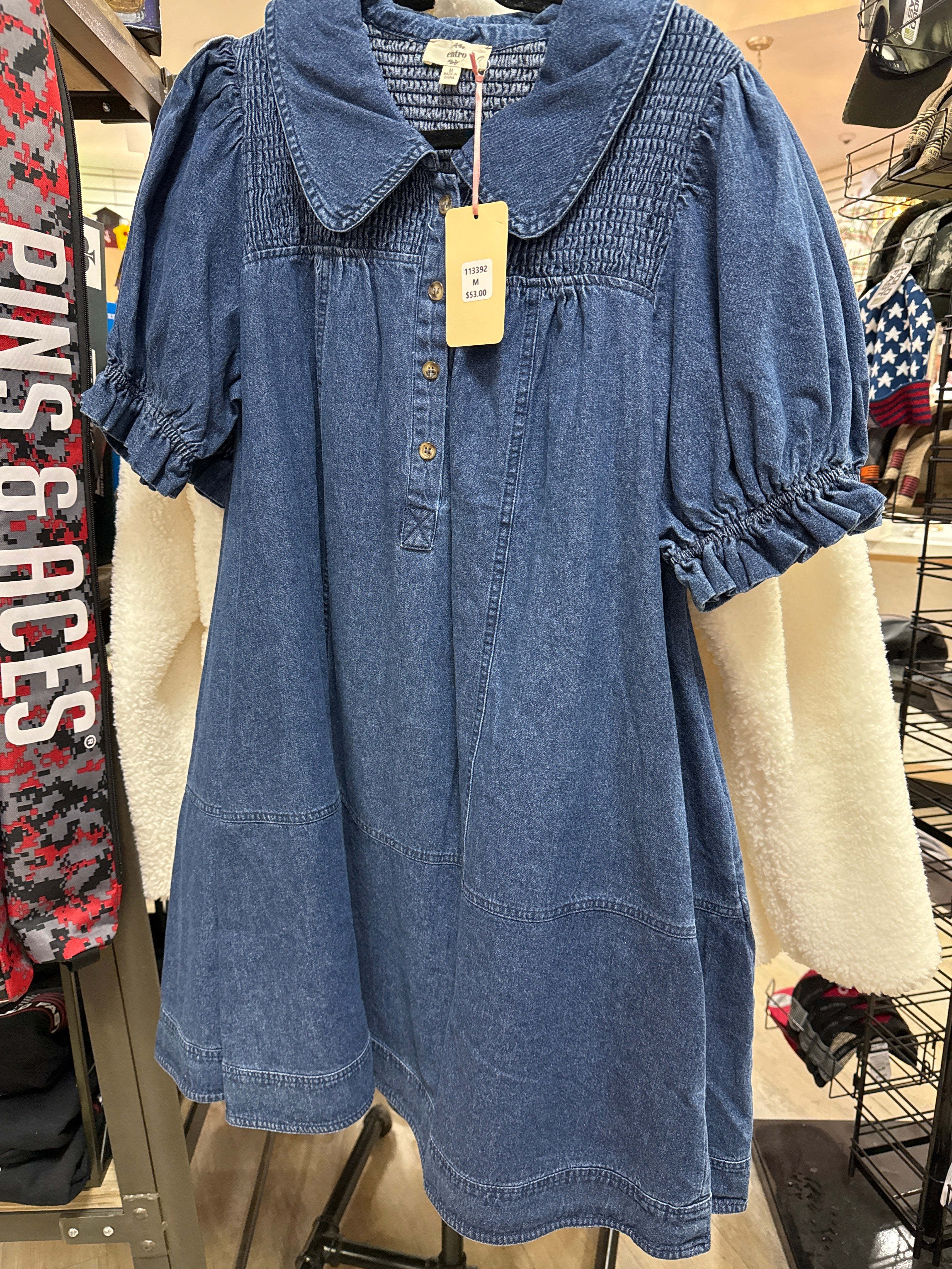 DARK DENIM DRESS W/SMOCKED TOP