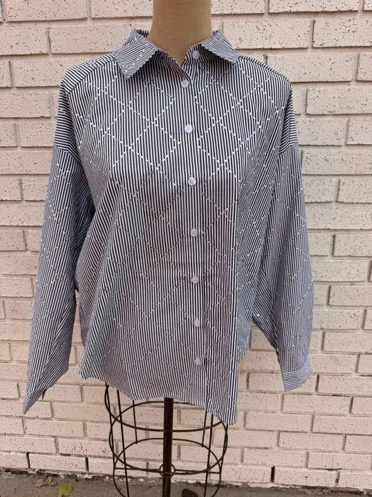 Black Pinstripe Collared Shirt with Rhinestone Detail