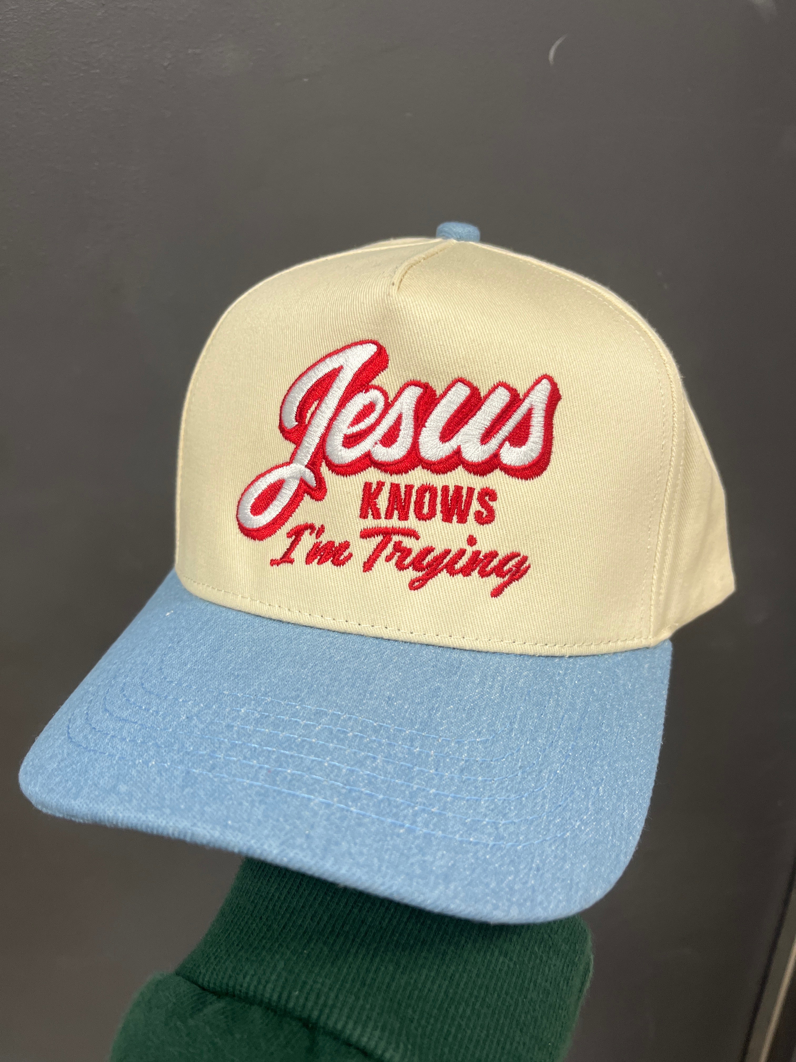 IVORY/LIGHT DENIM HAT - JESUS KNOWS I'M TRYING