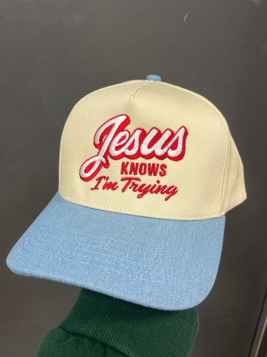 IVORY/LIGHT DENIM HAT - JESUS KNOWS I'M TRYING