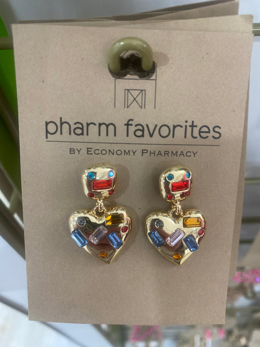 GOLD HEART EARRINGS W/MULTI COLOR CRYSTALS