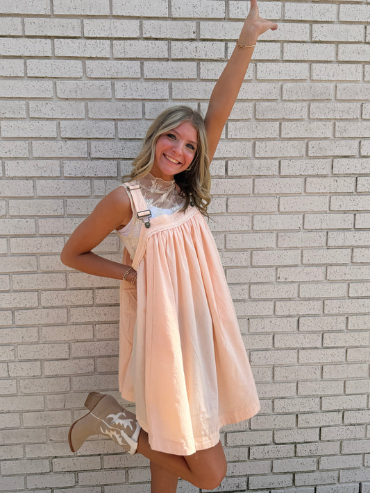 SALMON OVERALL STYLE FLOWY DRESS