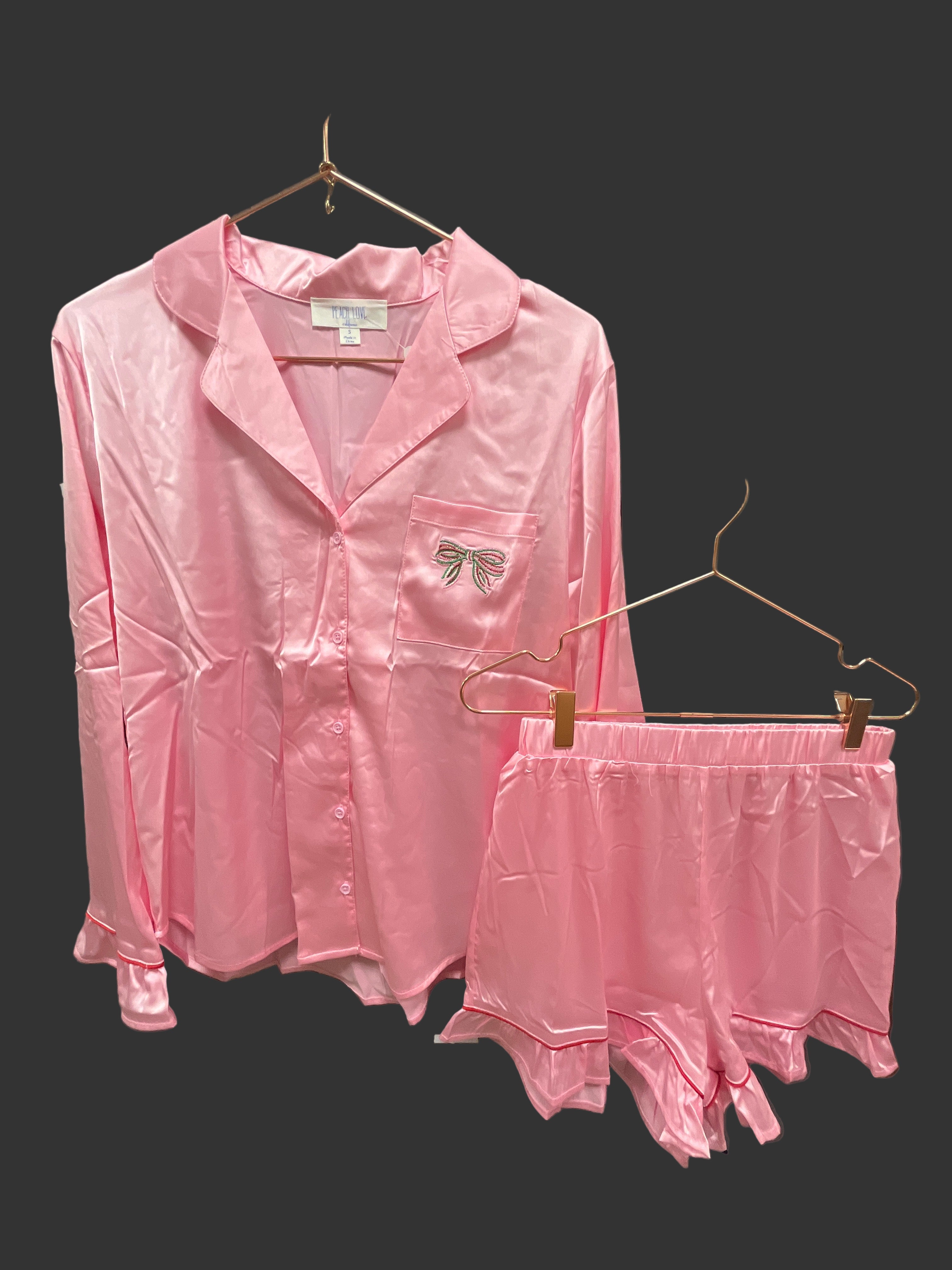 PINK WITH RED & GREEN BOW EMBROIDEREY 2PC SATIN PAJAMA SET