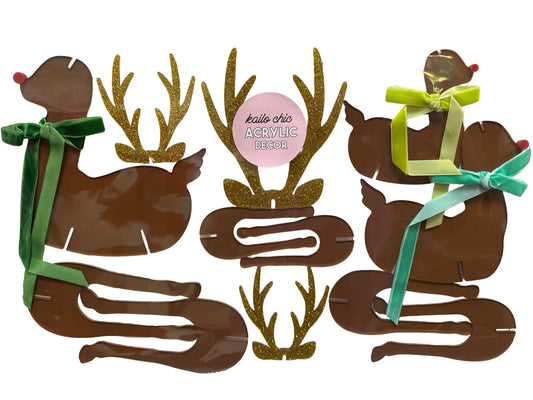 ACRYLIC REINDEER BROWN WITH GOLD ANTLERS - BLUE/GREEN