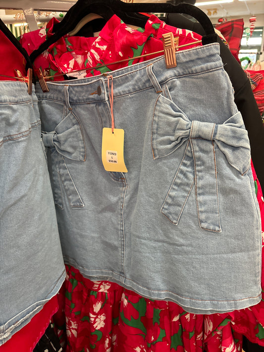 DENIM SKIRT W/BOWS - L