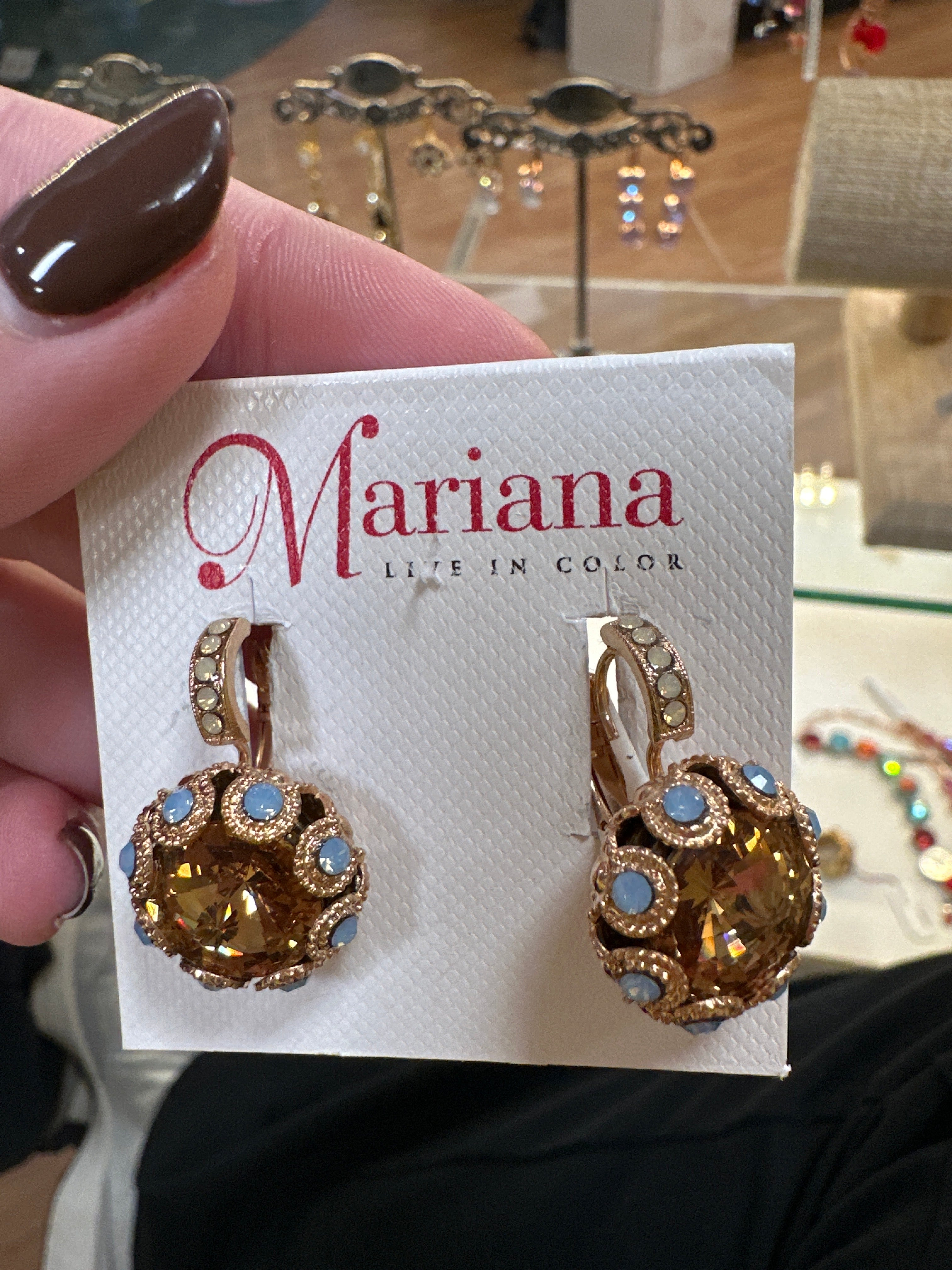 MARIANA YG EARRINGS W/YELLOW PENDANT CRYSTAL & BLUE/CLR CRYSTALS
