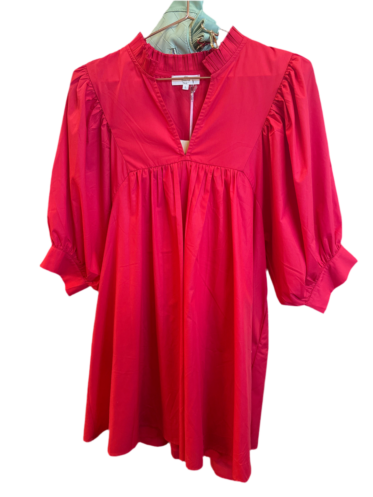 Red Pleated V-Neck Dress