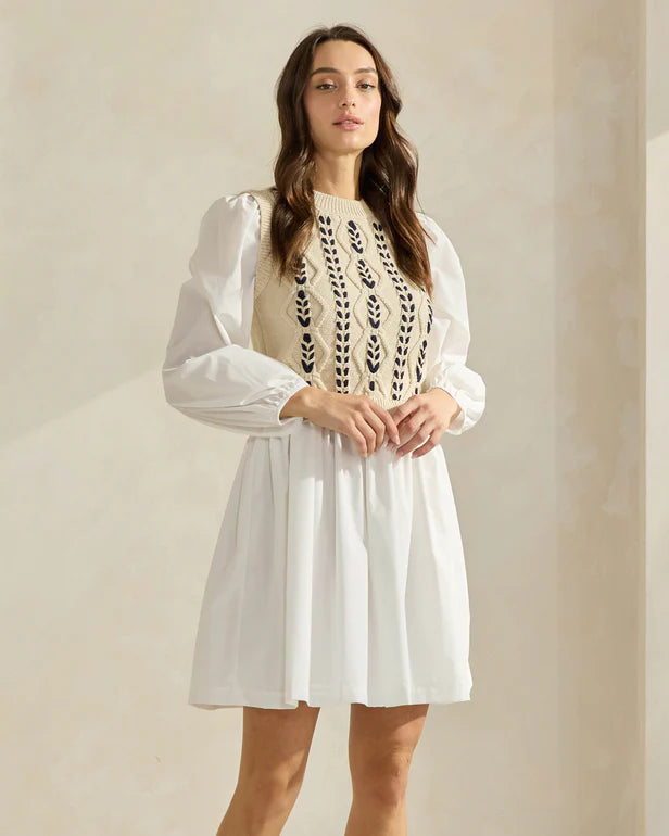 SAND & IVORY SWEATER & POPLIN COMBO MINI DRESS