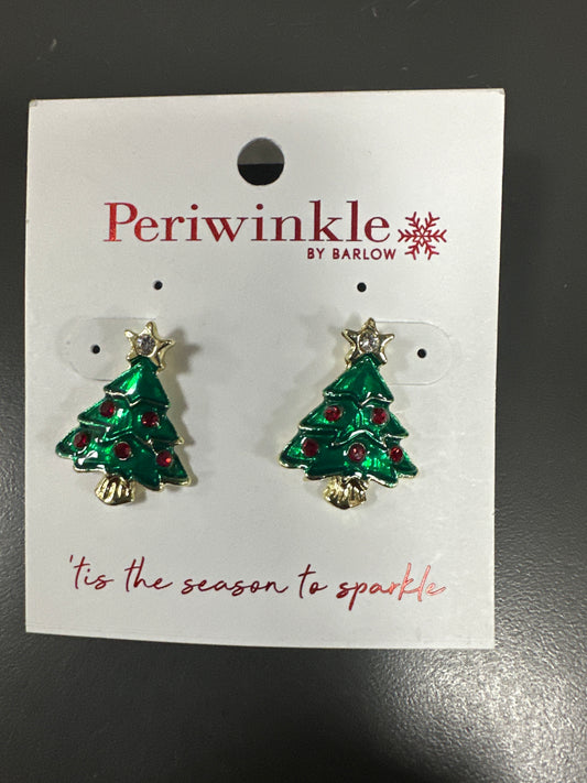 GOLD/GREEN CHRISTMAS TREE WITH RED STONES EARRINGS