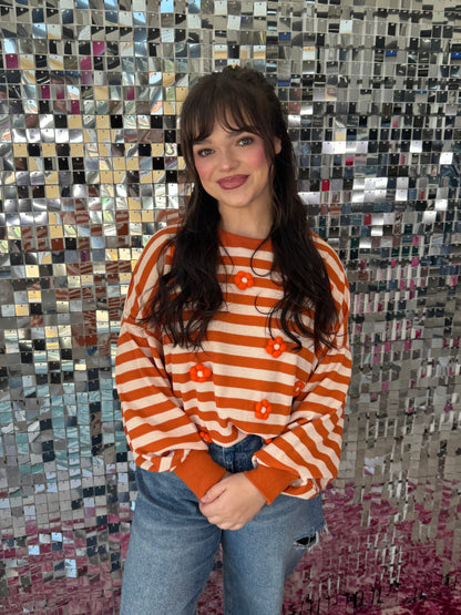 Orange and Ivory Striped Sweater with Orange Flower Embellishments