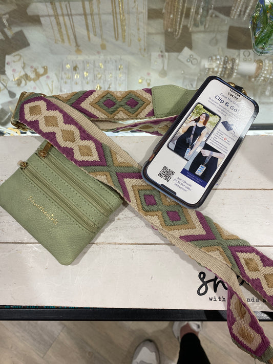 CLIP & GO STRAP W/ZIPPERED POUCH - GRN/PPL PATTERN - Pharm Favorites by Economy Pharmacy