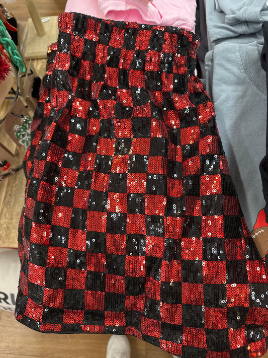 RED/BLK CHECKERS SEQUIN SHORTS