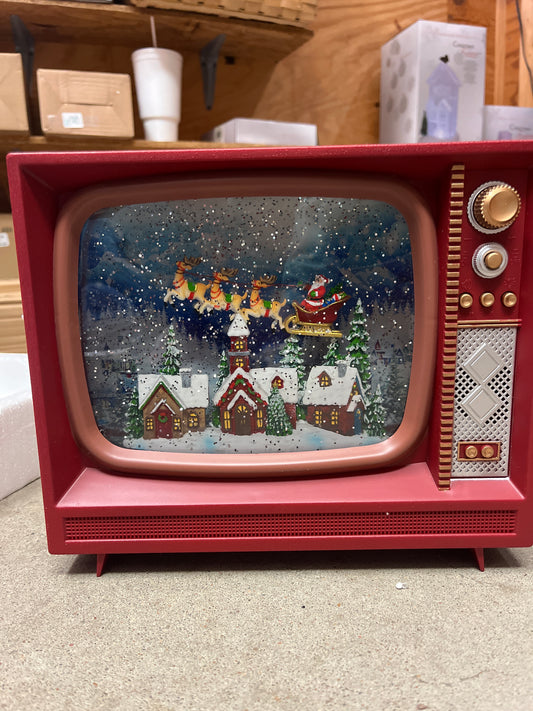 RED MUSICAL TV W/TREE & SANTA FLYING OVER
