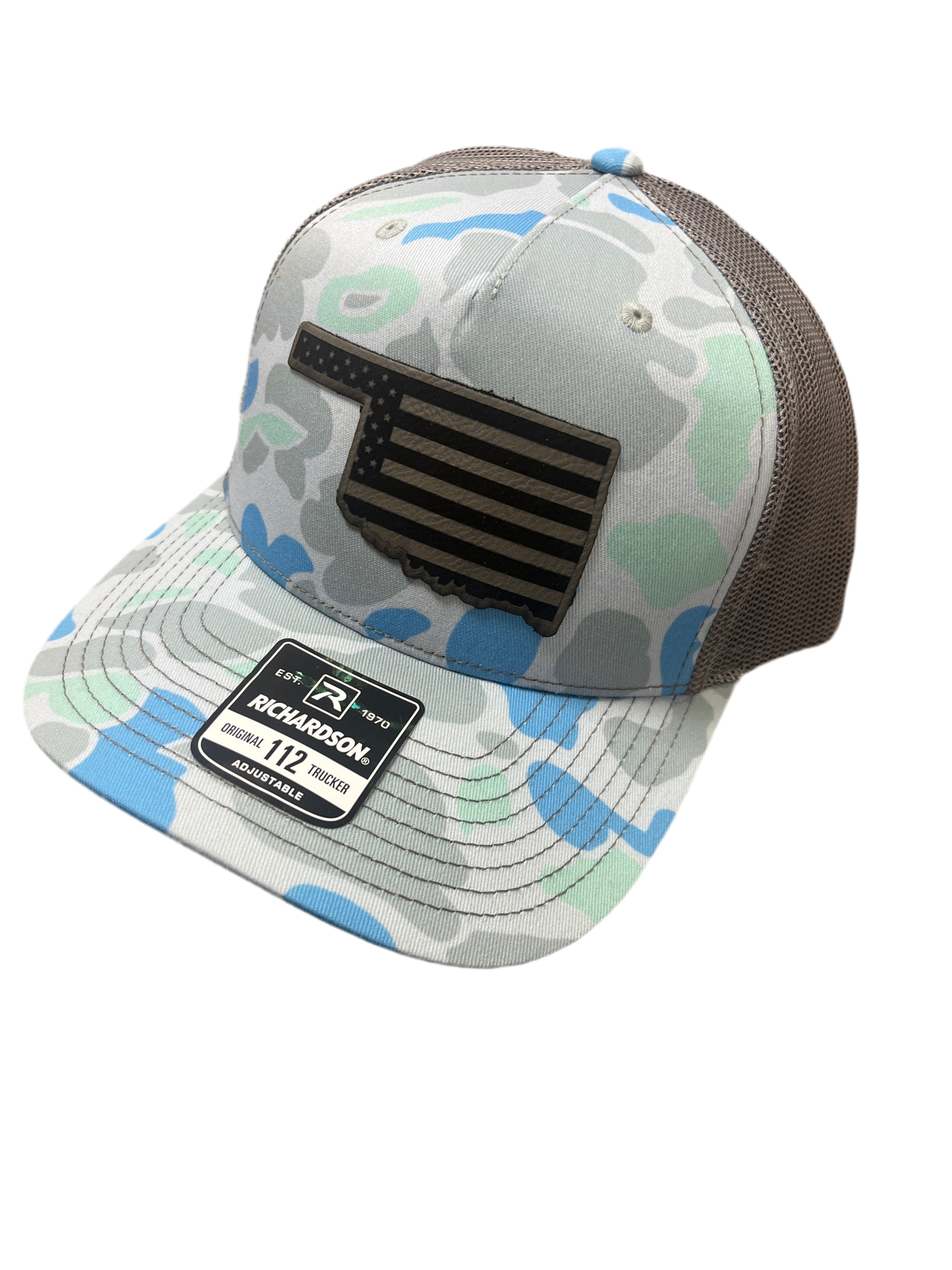 BLUE CAMO/GRAY HAT WITH GRAY OKLAHOMA FLAG PATCH