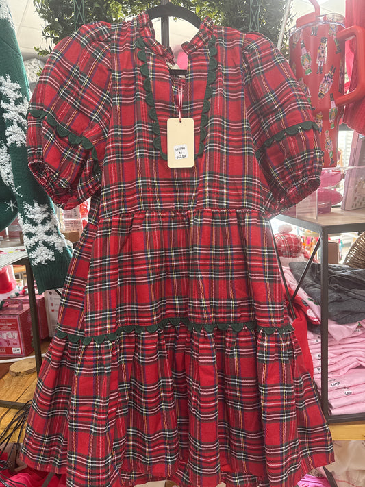 RED PLAID DRESS W/GREEN DECORATIVE TRIM - S