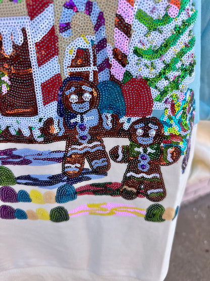 Light Blue/Beige Gingerbread House Scene Sweatshirt