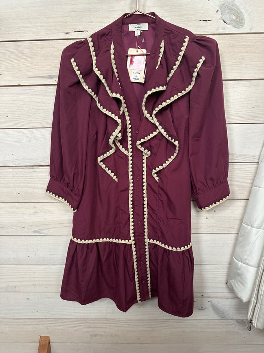 PLUM LONG SLV DRESS W RUFFLE TRIM DETAIL
