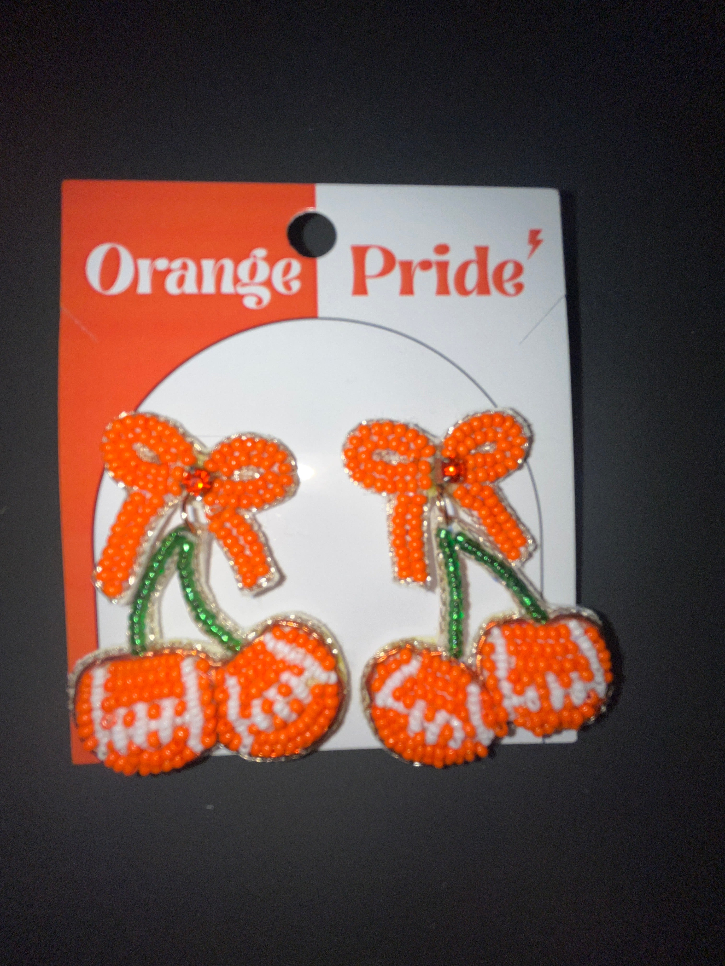 BEADED GAMEDAY CHERRY DROP EARRING - ORANGE/WHITE