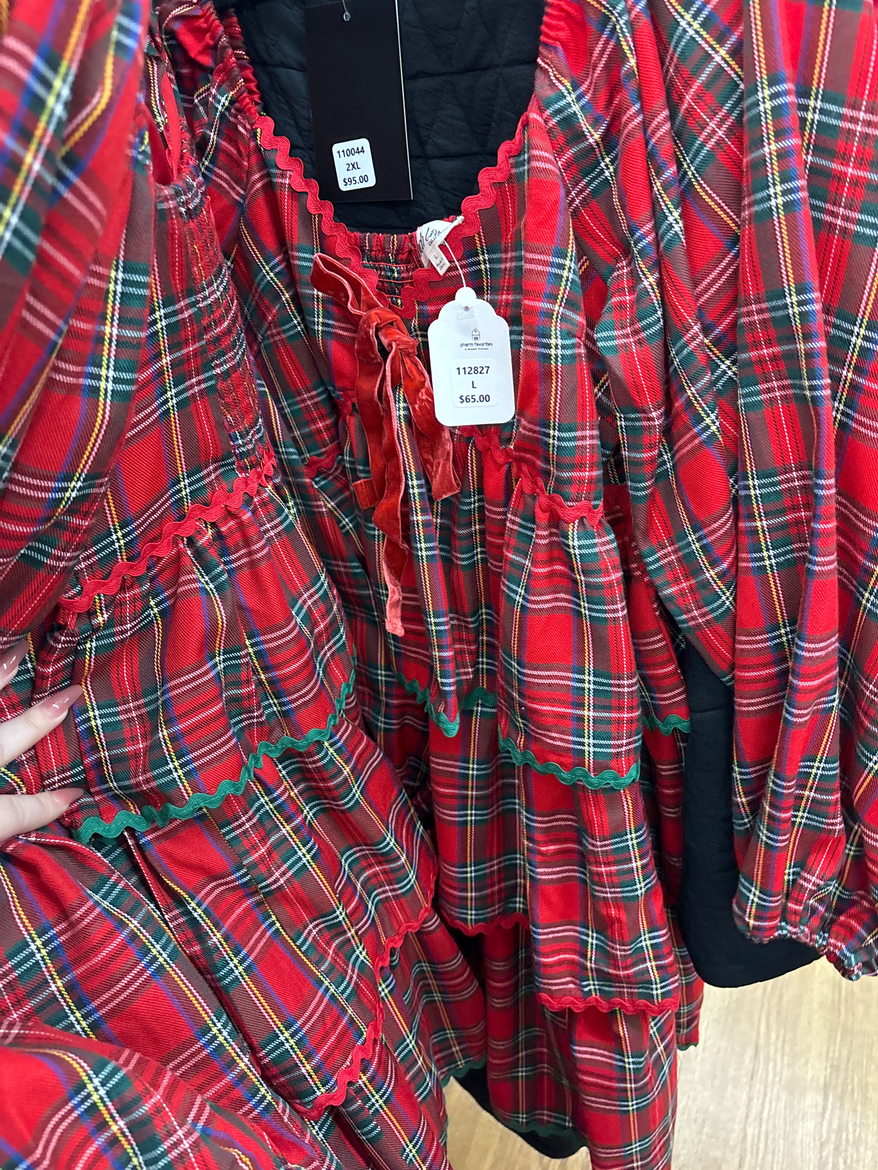 CHRISTMAS PLAID VELVET BOW & RICRAC TRIM DRESS