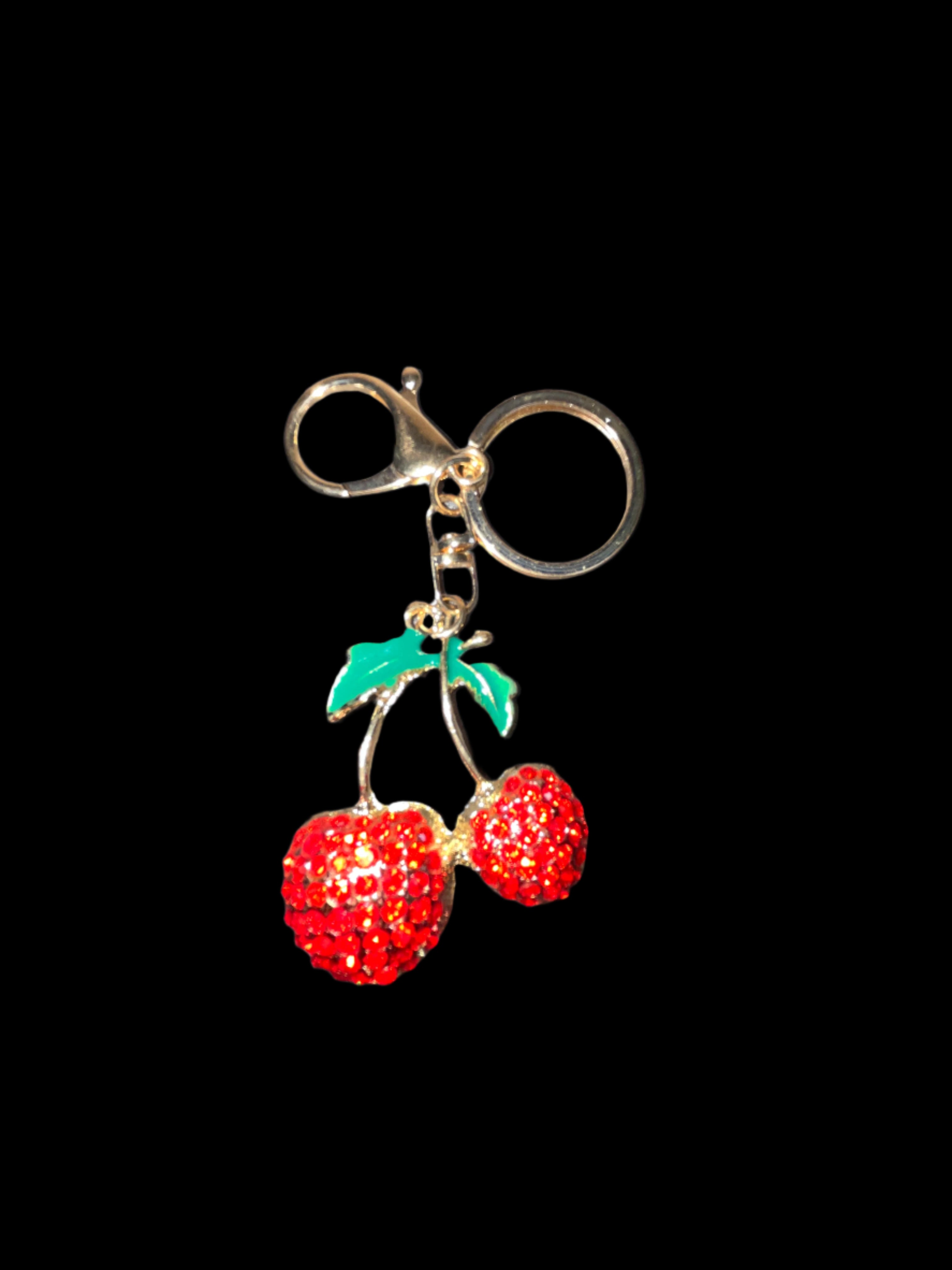CRYSTAL EMBELLISHED GOLD CHERRY BAG CHARM/KEYCHAIN