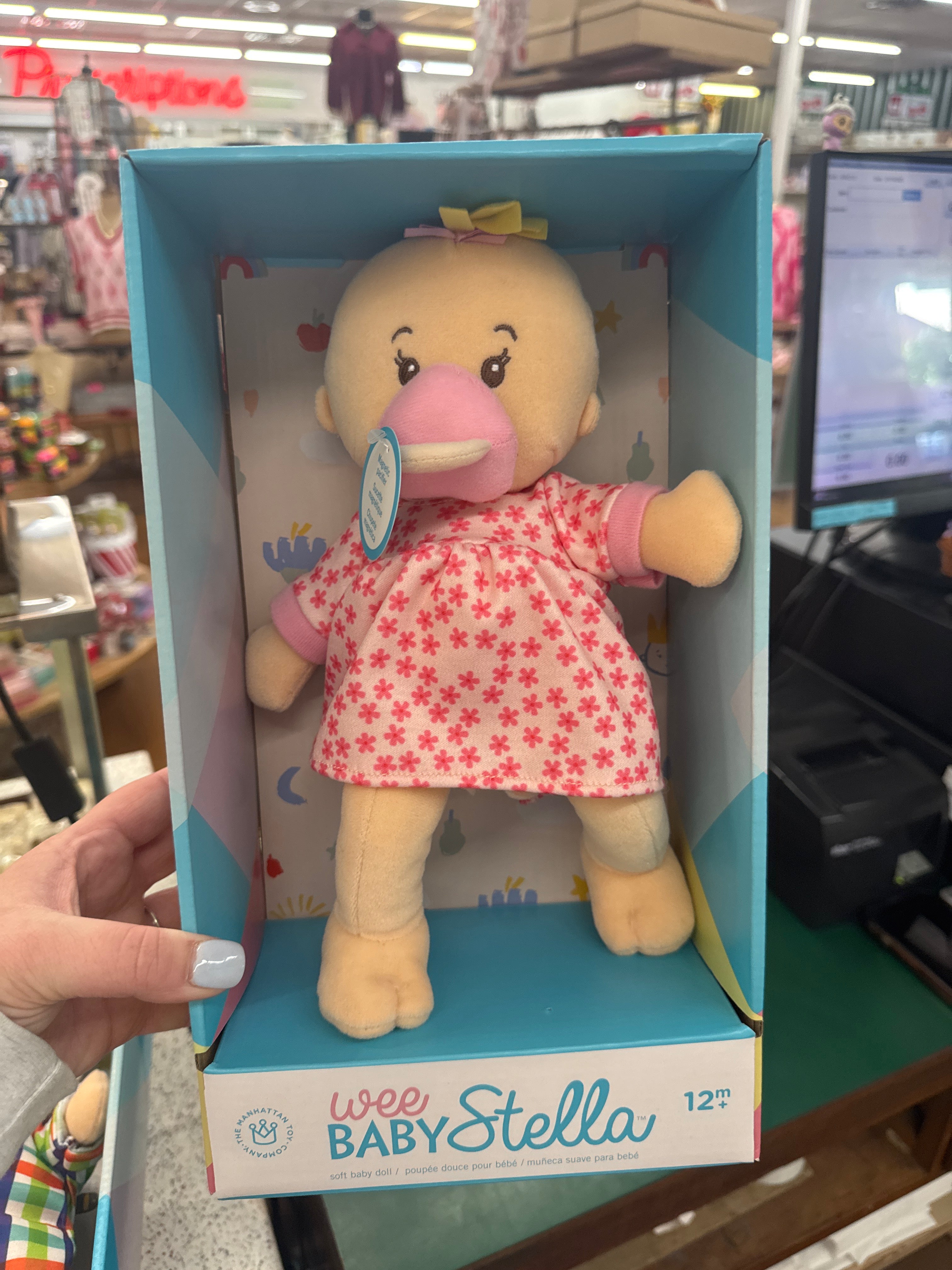 WEE BABY STELLA - PEACH W BLONDE HAIR & PINK FLOWER DRESS