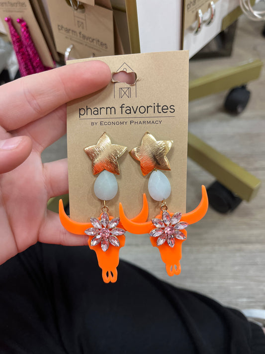 ORANGE COW SKULL EARRINGS