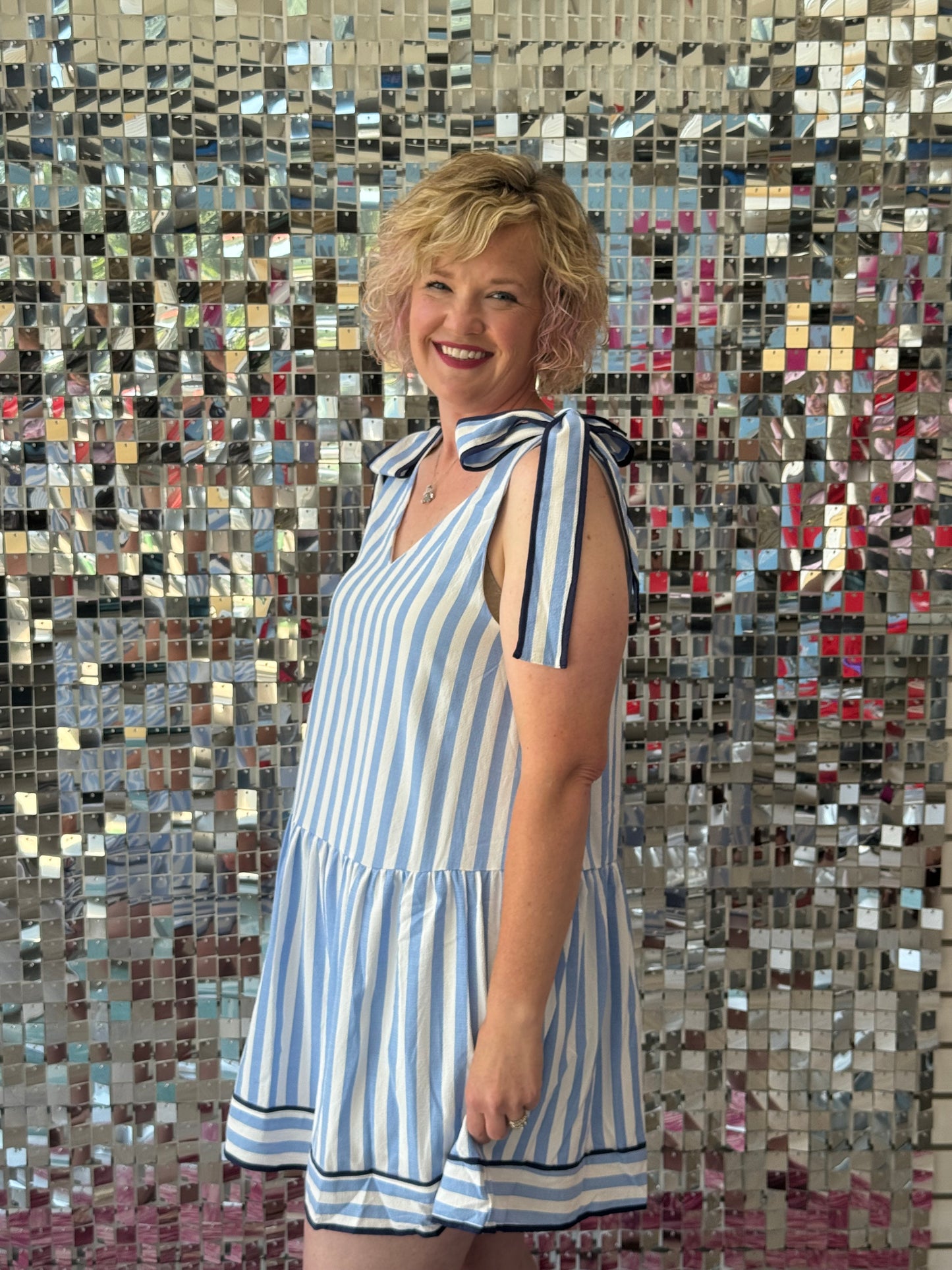 Blue and White Stripe Tie Dress with Navy Trim