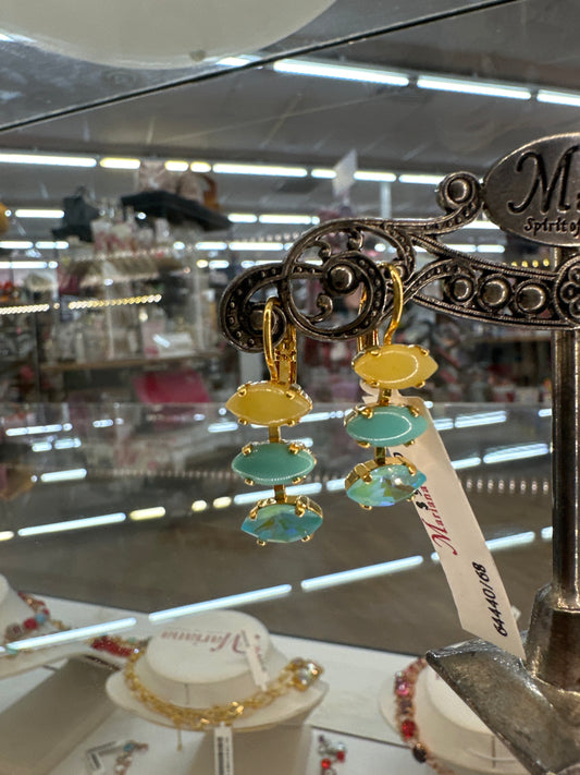 MARIANA YELLOW GOLD 3 DROP CRYSTAL EARRINGS W/YELLOW, AQUA, IRD AQUA