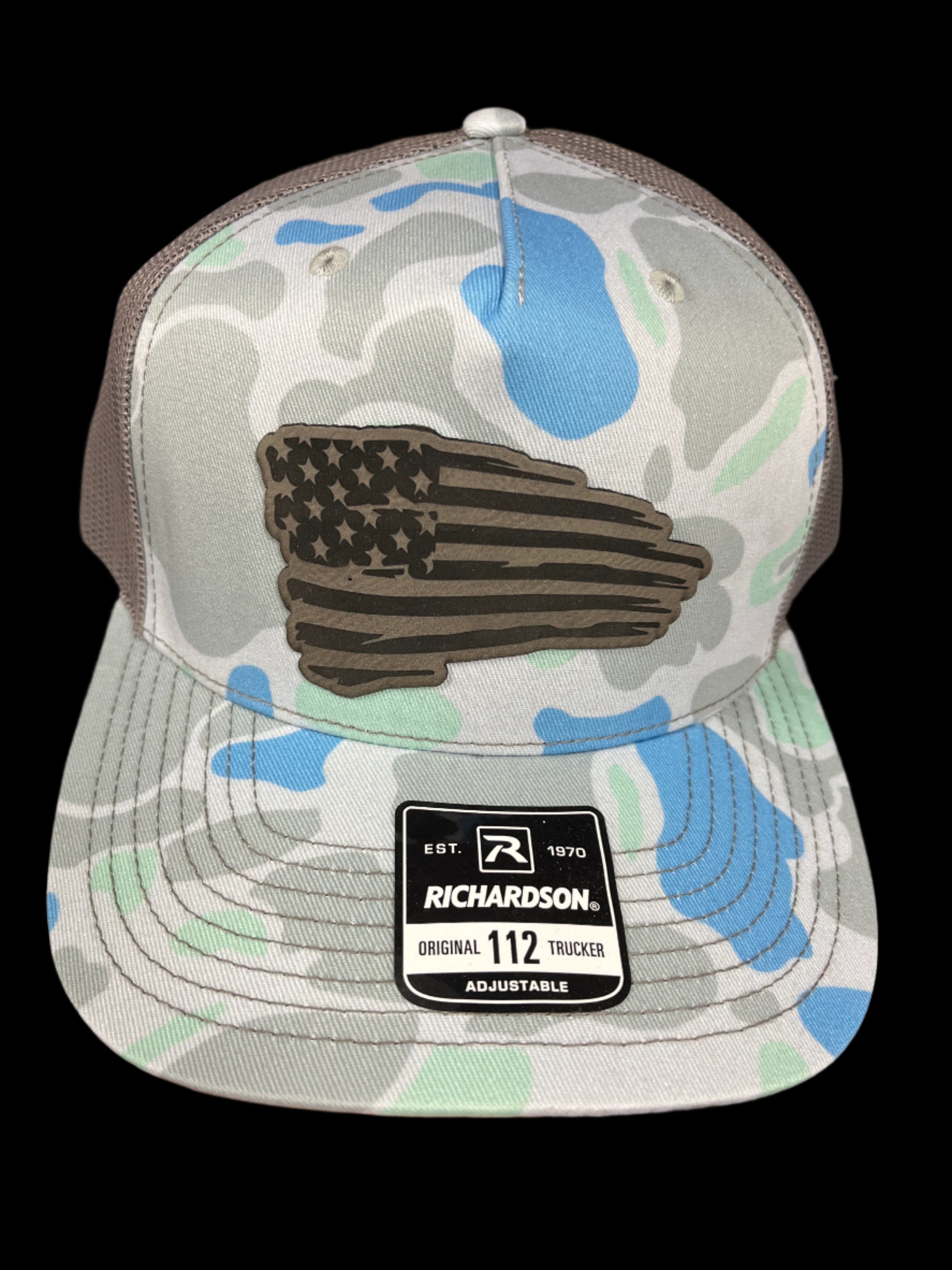 BLUE CAMO HAT - GRAY WAVING FLAG PATCH
