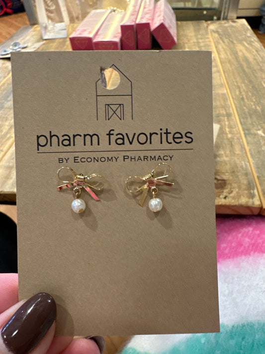 GOLD BOW EARRINGS W/PEARL DROP