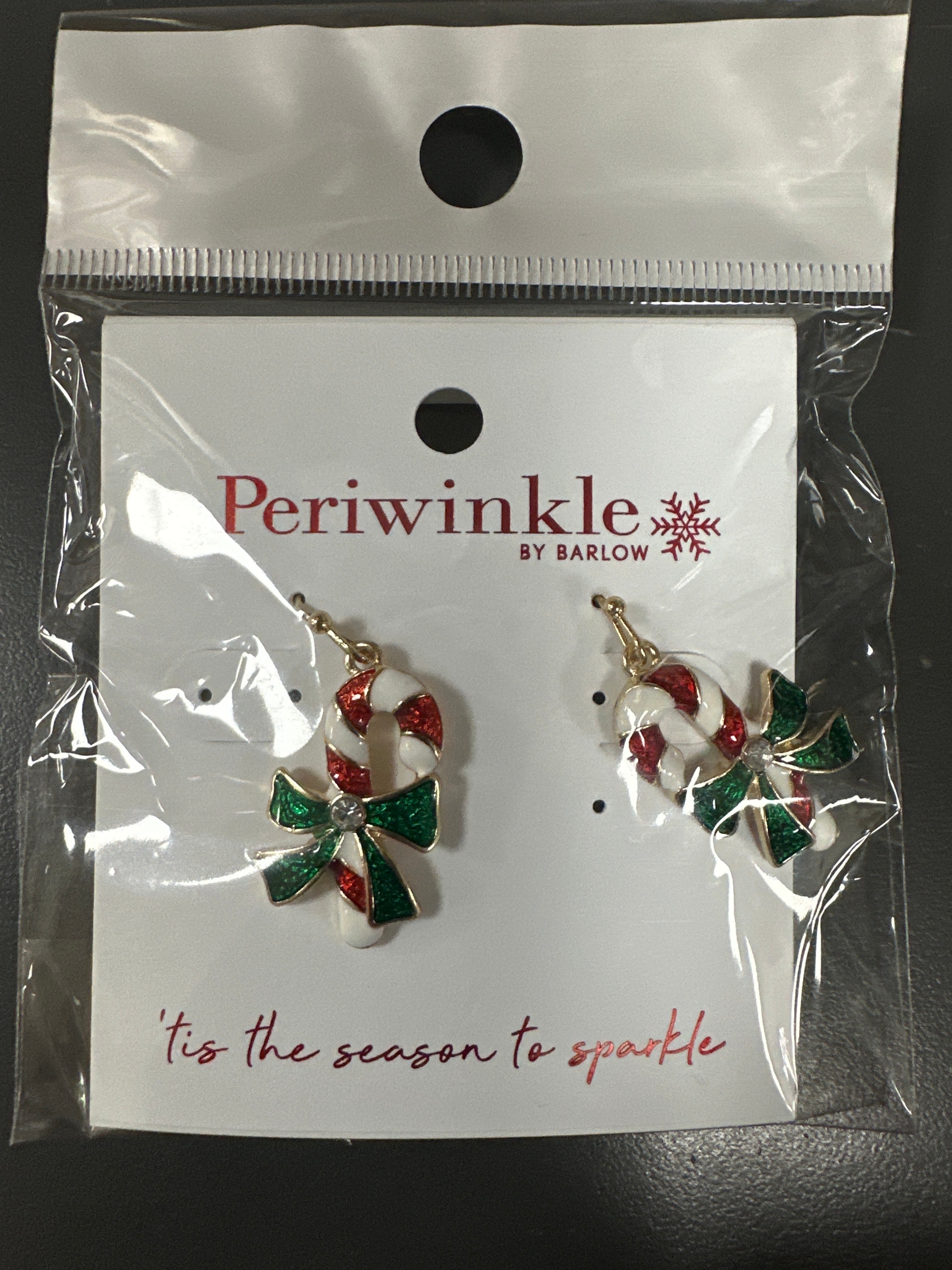 ENAMEL CANDY CANE EARRINGS WITH GREEN BOW