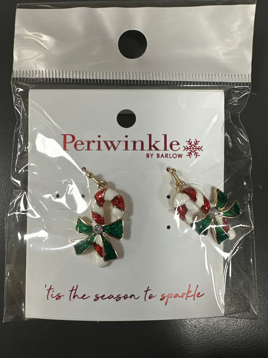 ENAMEL CANDY CANE EARRINGS WITH GREEN BOW