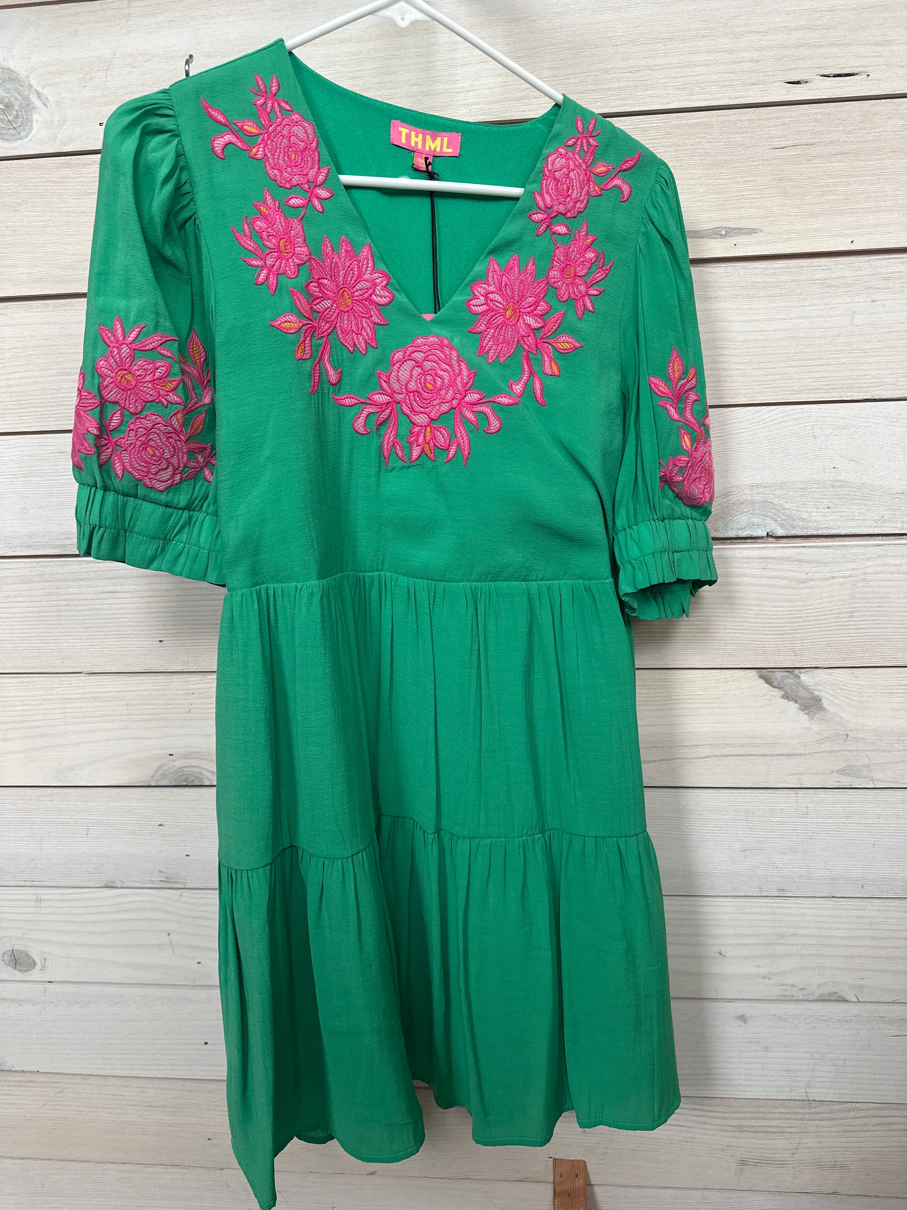 GREEN DRESS W/PINK FLORAL DETAIL