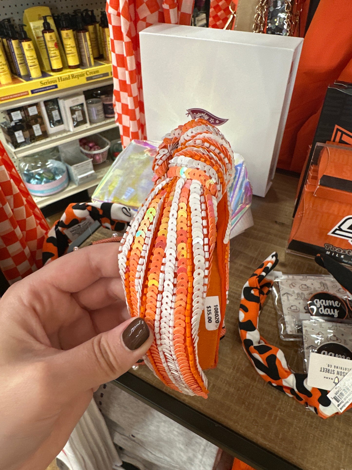 NATASHA SEQUIN STRIPED HEADBAND - ORANGE & WHITE