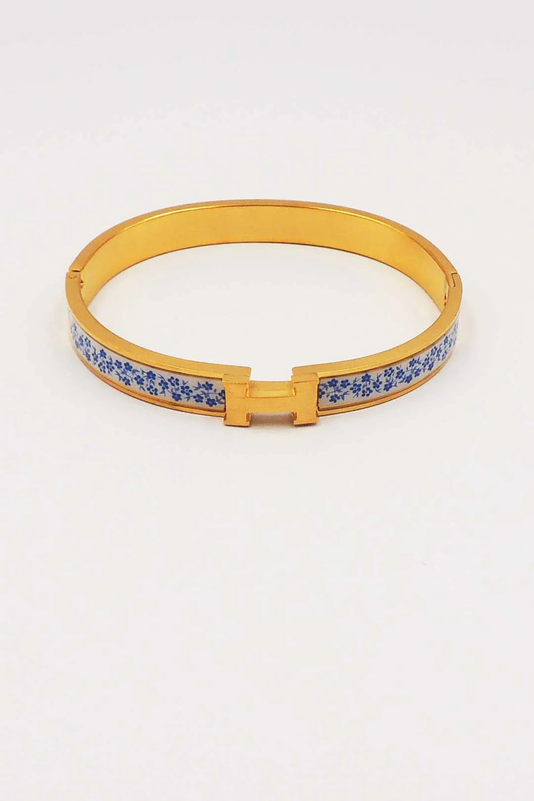 H Stainless Steel Hinged Bangle with Blue and White Details Bracelet