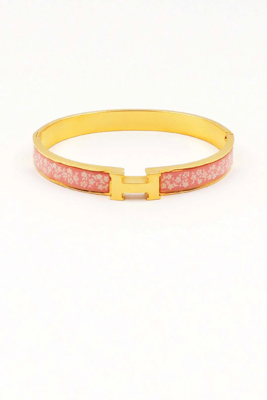 H Stainless Steel Hinged Bangle with Pink and White Details Bracelet
