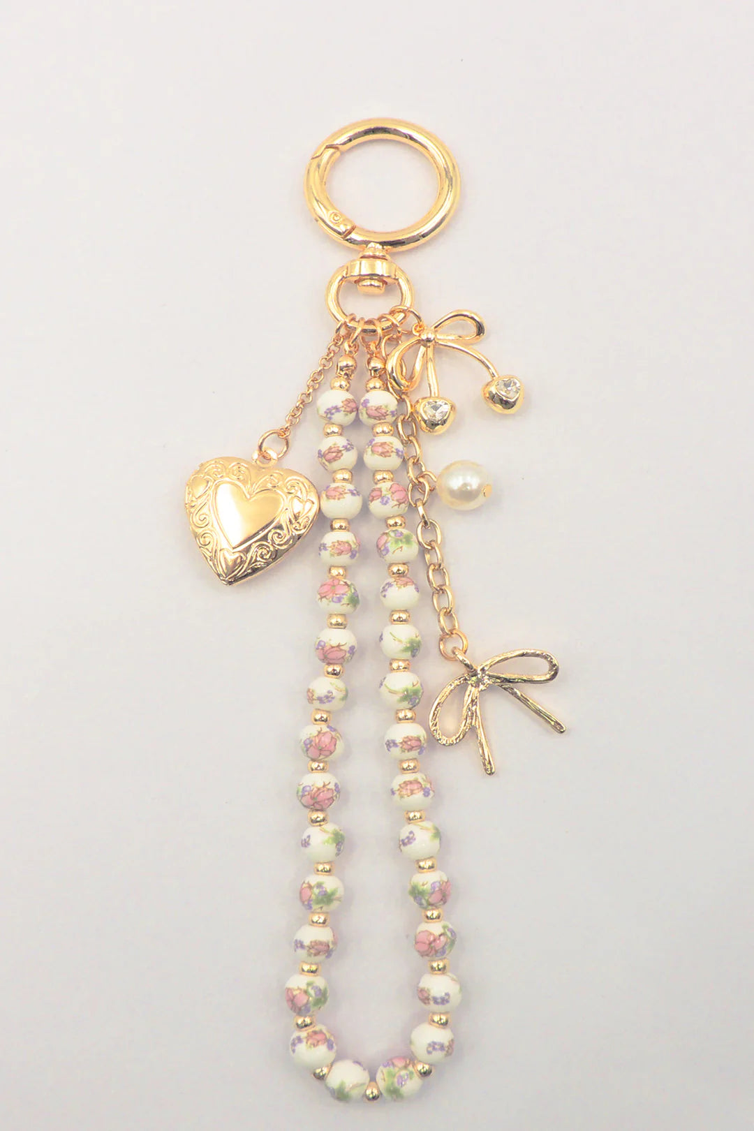 Purse Charm- Bow, Heart, Cherrys with Pink and White Ceramic Beaded Chain