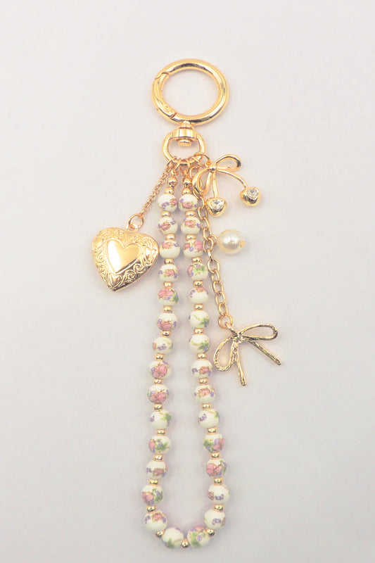 Purse Charm- Bow, Heart, Cherrys with Pink and White Ceramic Beaded Chain