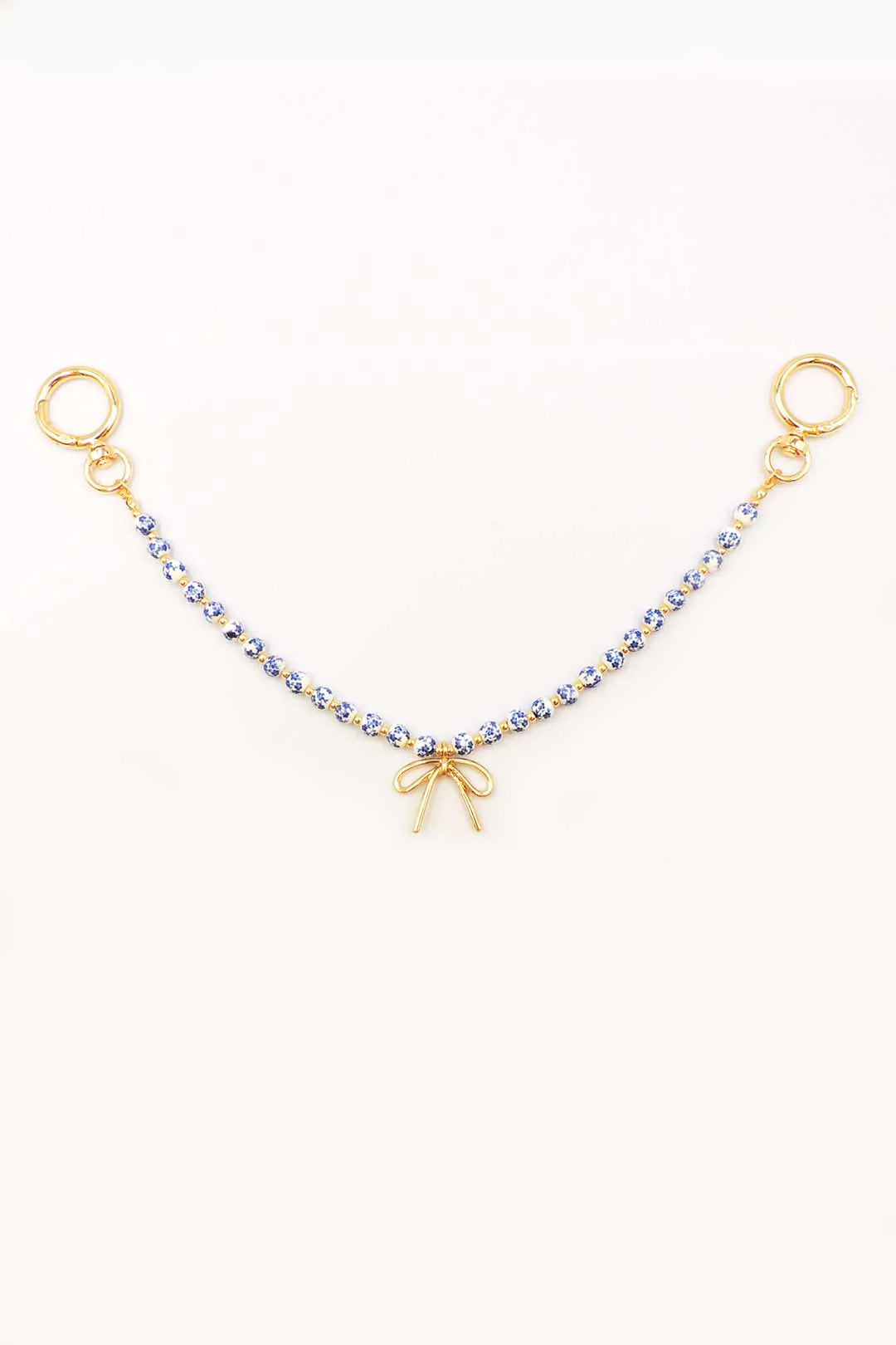 Gold Purse Chain with Blue and White Ceramic Beads and Gold Bow