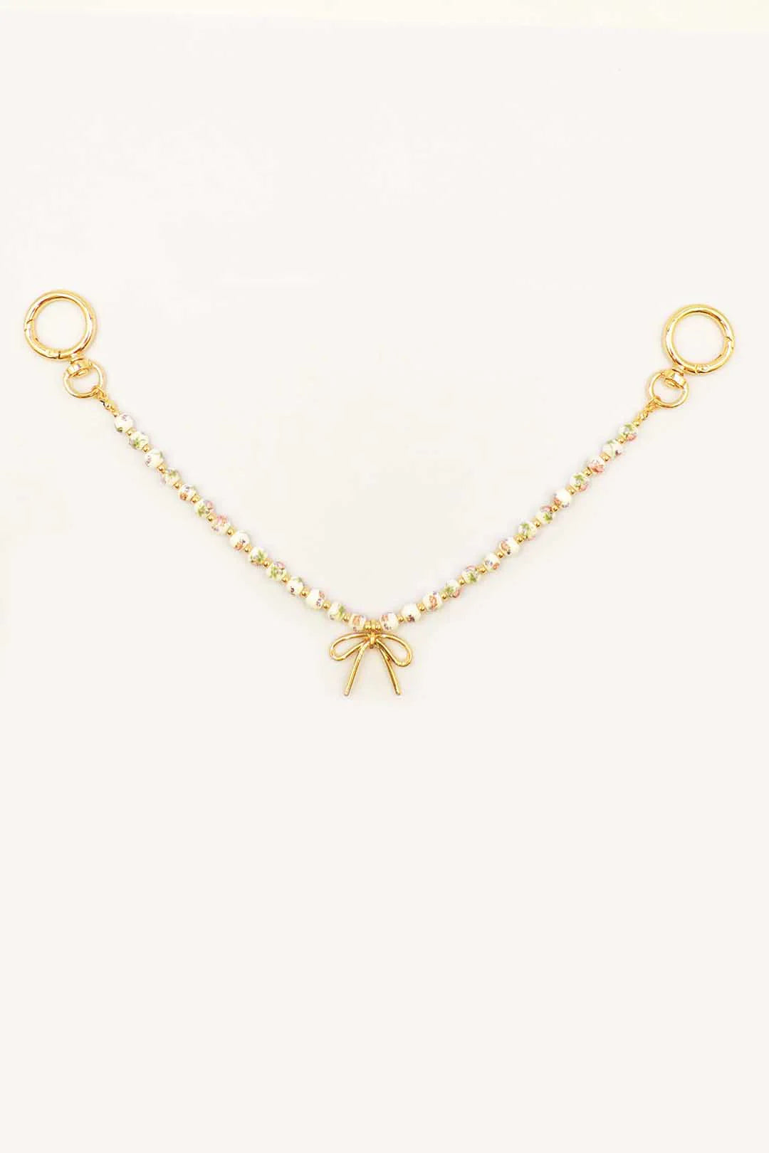 Gold Purse Chain with Pink and White Ceramic Beads and Gold Bow