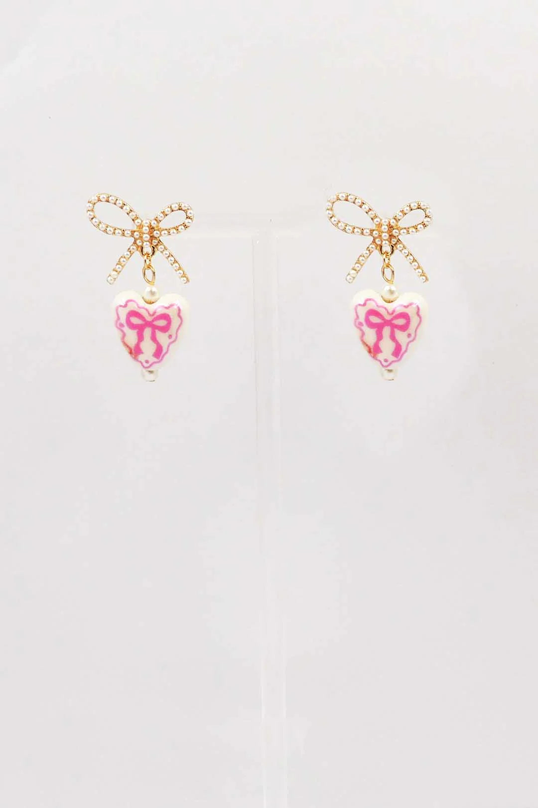 Gold Open Bow Stud with Pink and White Ceramic Heart Drop .75" Earring