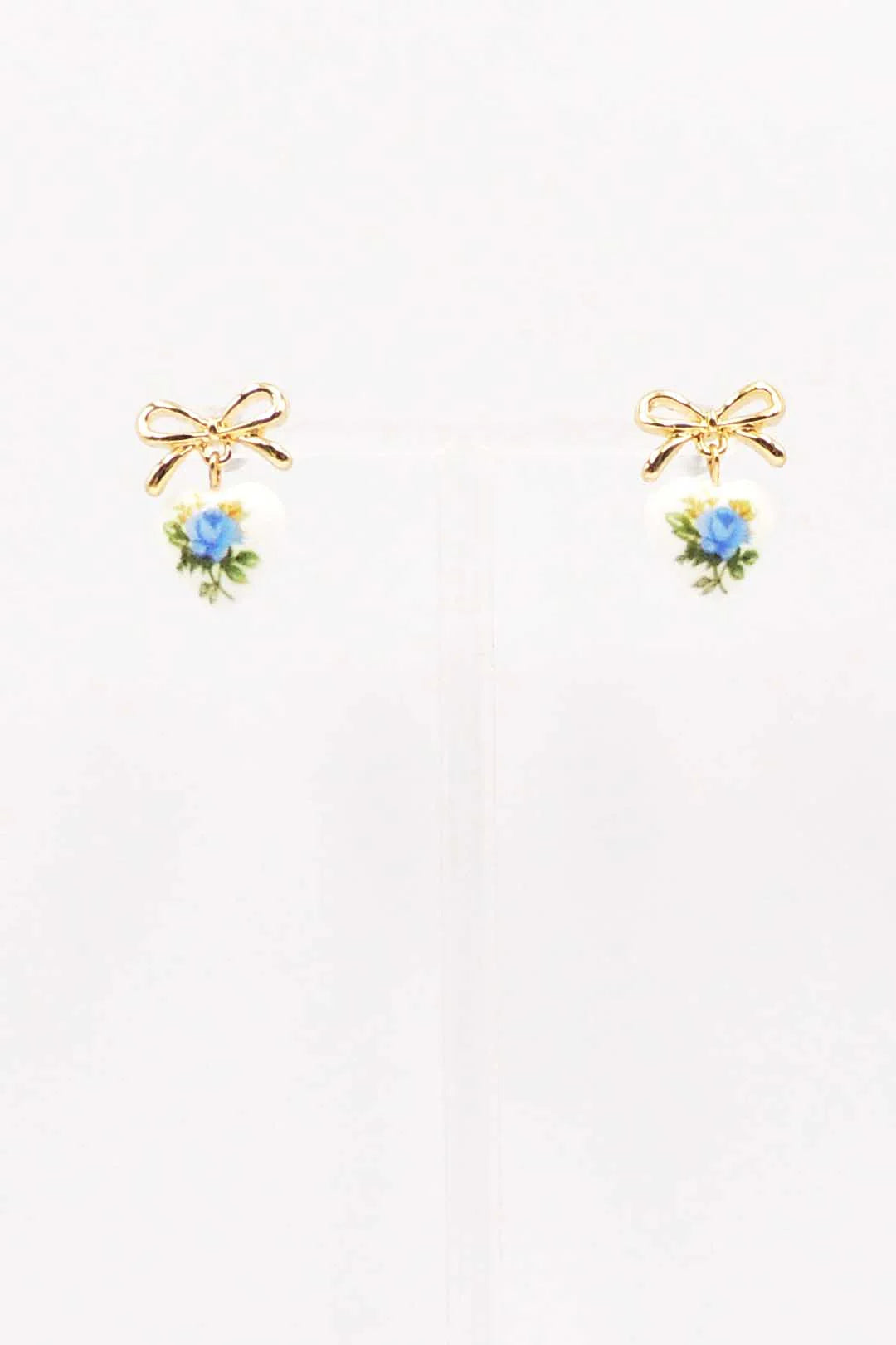 Small Gold Bow with Blue Vintage Rose Print Ceramic .5" Earring