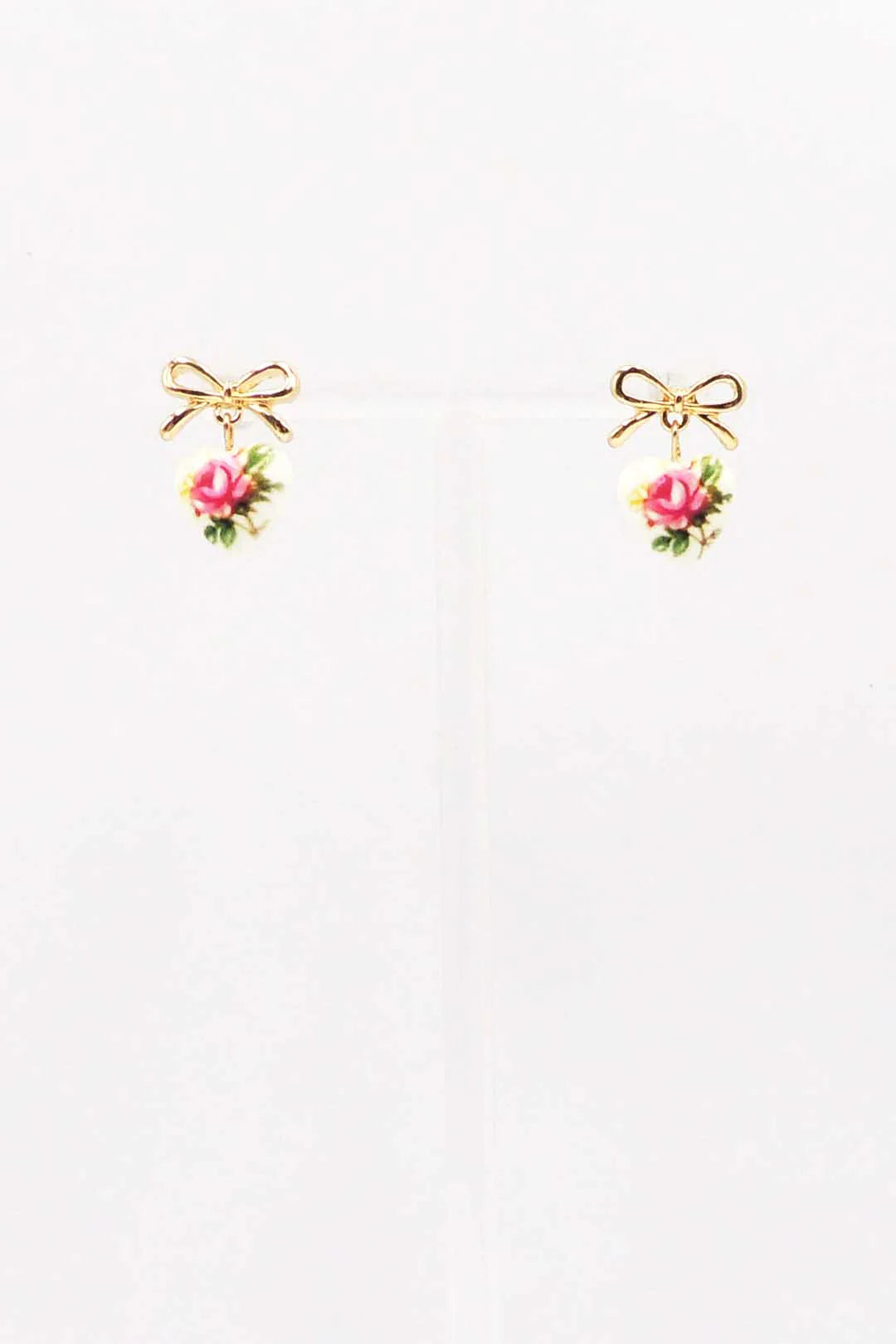 Small Gold Bow with Pink Vintage Rose Print Ceramic .5" Earring