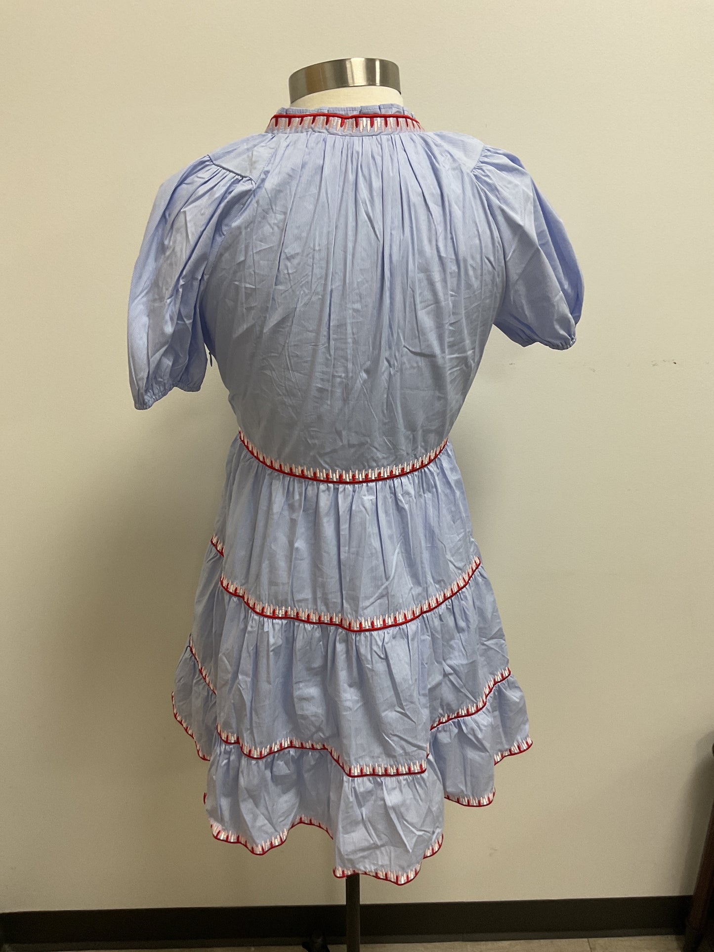 BLUE RUFFLE DRESS WITH RED/PINK CONTRAST