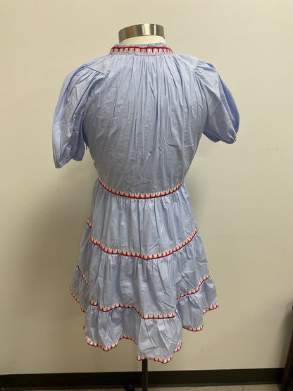 BLUE RUFFLE DRESS WITH RED/PINK CONTRAST