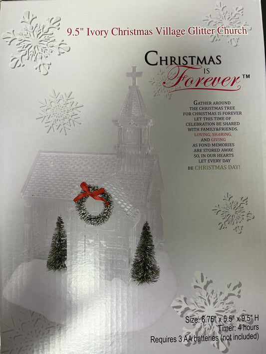 9.5" IVORY CHRISTMAS VILLAGE GLITTER CHURCH