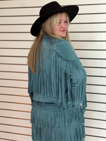 Smoky Aqua Faux Suede Fringed Skirt/Jacket Set