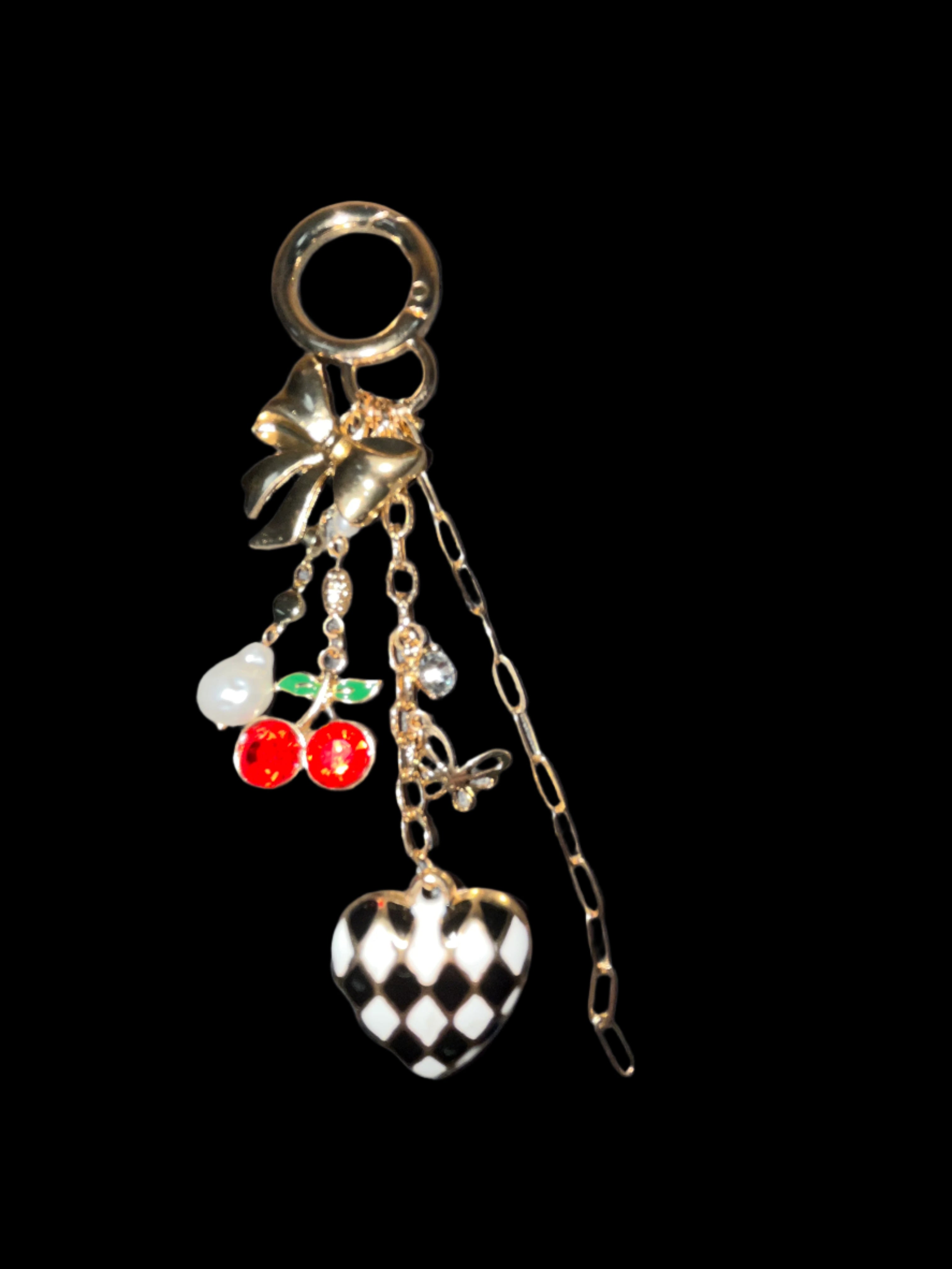 GOLD MULTI CHAIN W/BLACK 7 WHITE HEART, BOW, CHERRY BAG CHARM/KECHAIN
